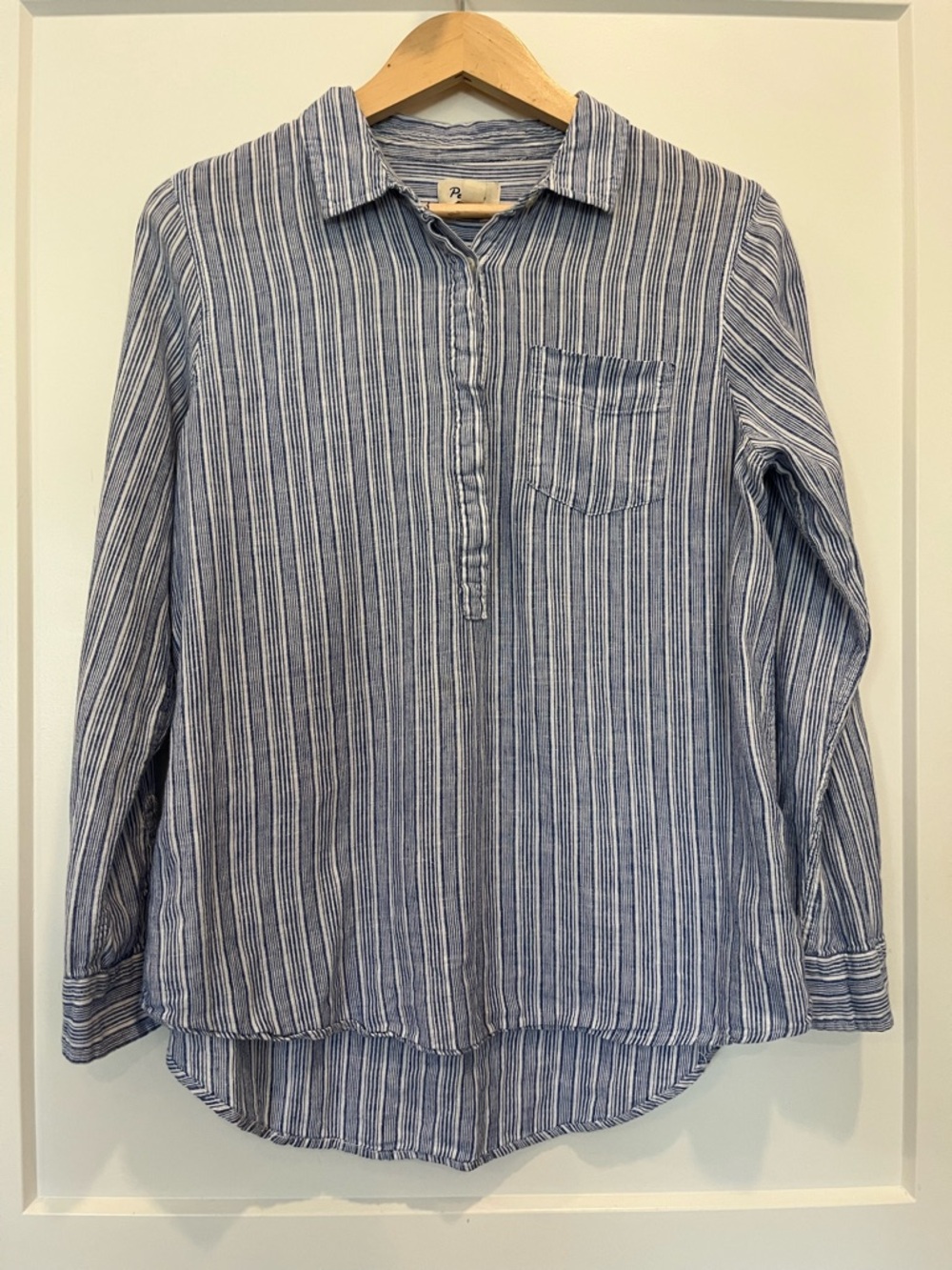 Per Se Linen Cotton blend striped pop over beachy nautical coastal shirt Sz L